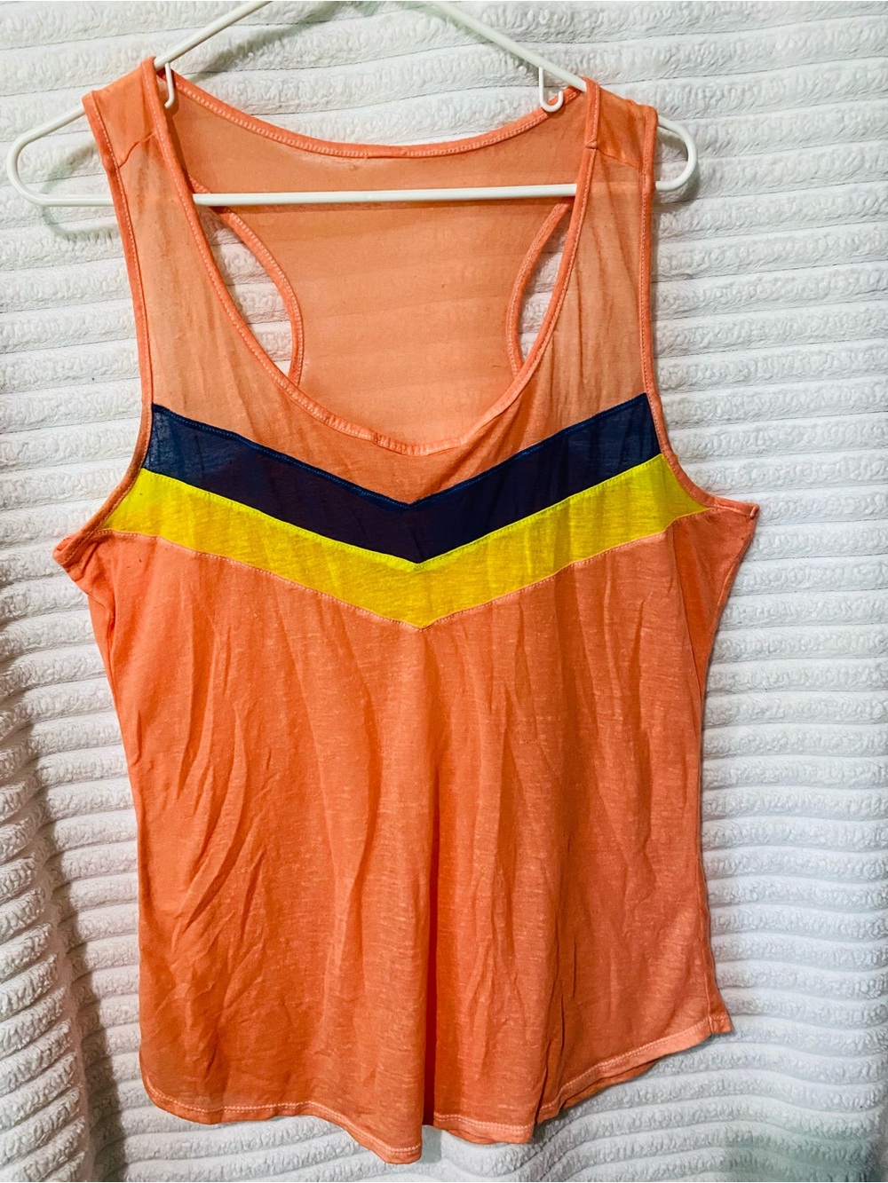 No Boundaries Coral Tank with Navy and Yellow Chevron Detail